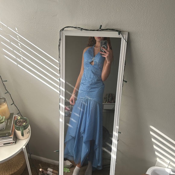 Blue halter neckline vintage 90’s beaded fishtail prom dress - Picture 9 of 11